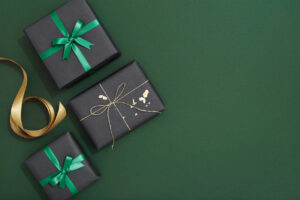 Christmas gif flat lay on green background